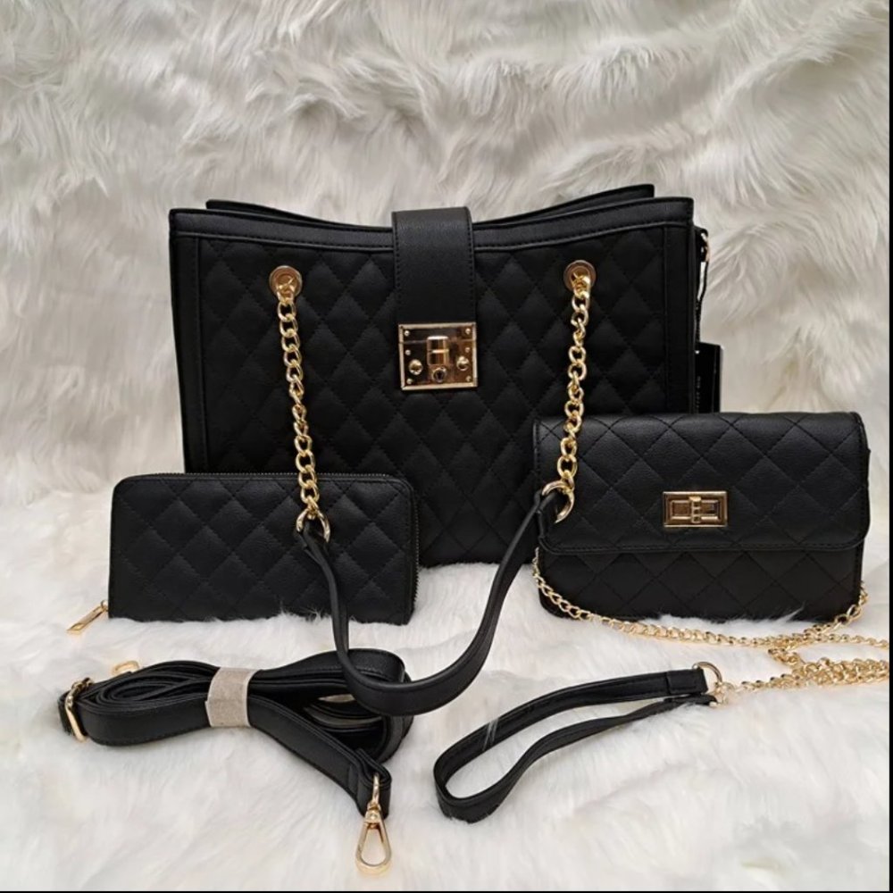 Handbag Women 3 in 1 Satchel Black Fashion Bag Set with Messenger Bag and Wallet